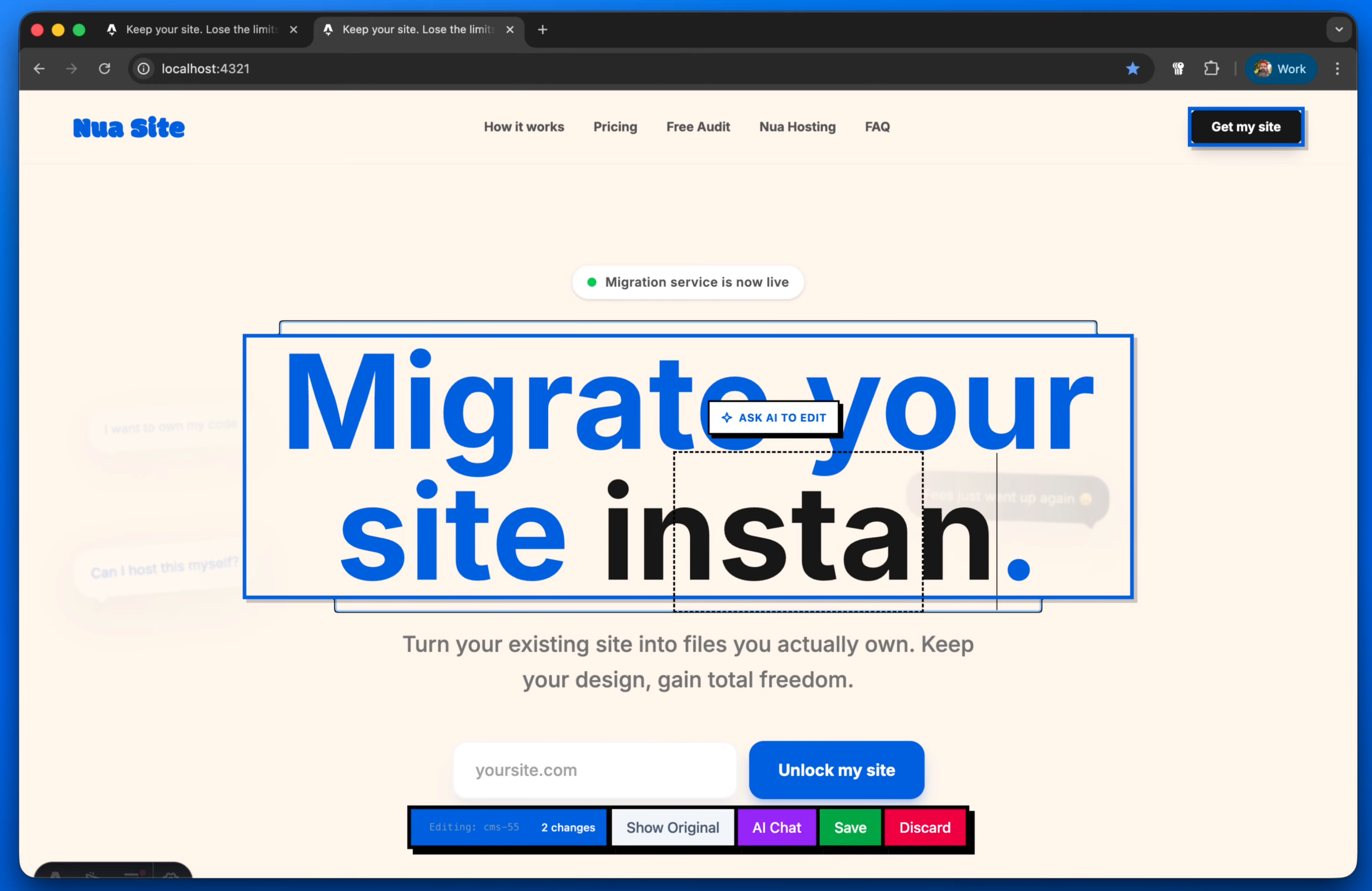 Visual editor interface showing in-place text editing with AI assistant